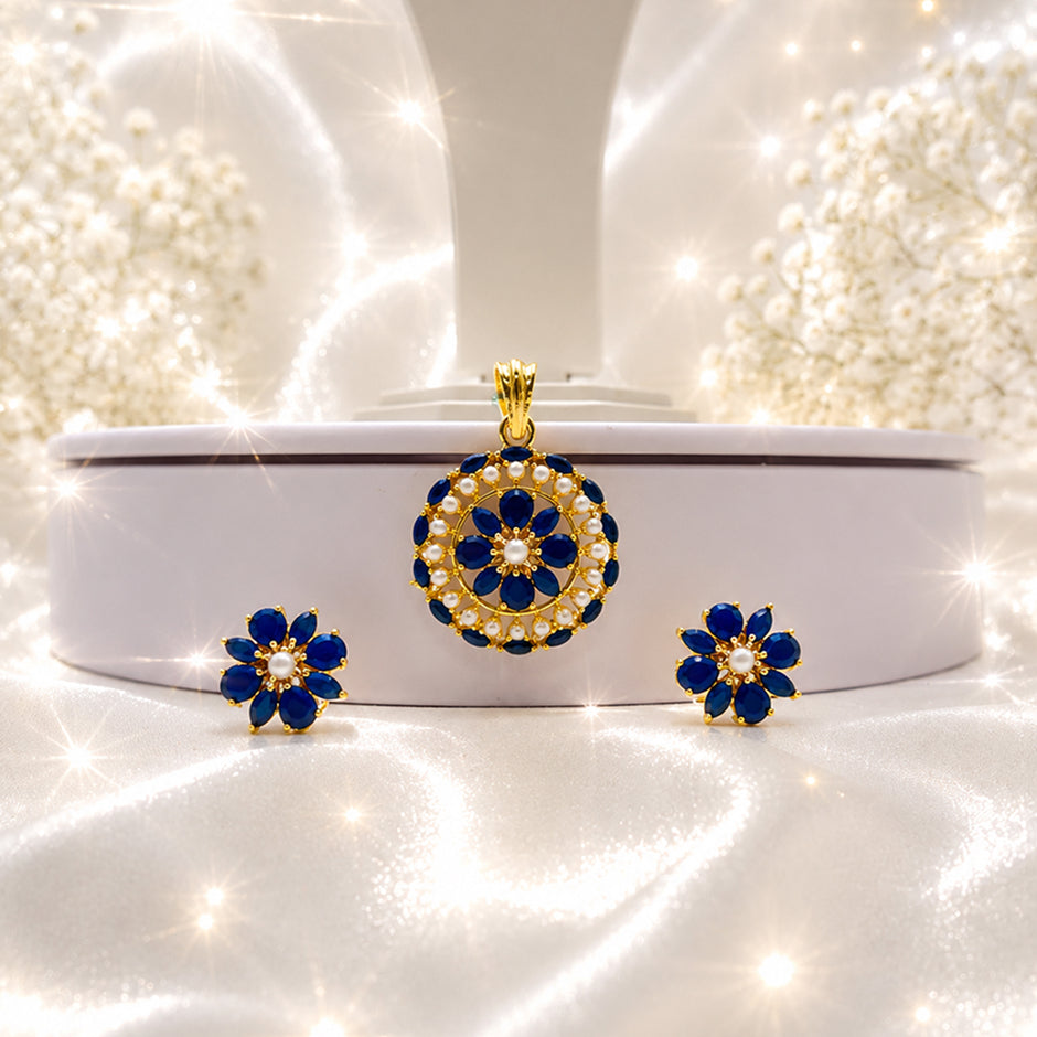 Bhavmayi Gold-Plated Blue Floral Pendant & Stud Earrings Set