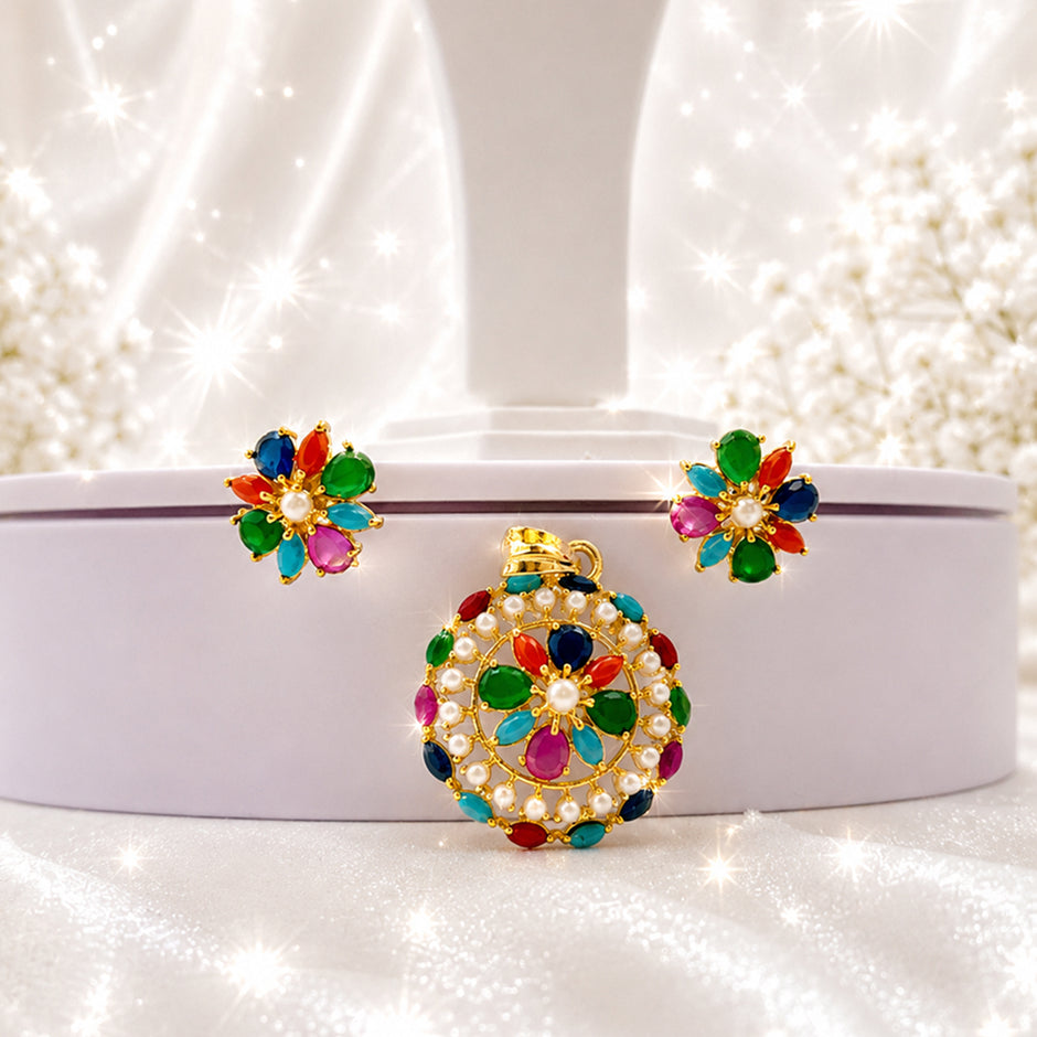 Bhavmayi Gold-Plated Blue Floral Pendant & Stud Earrings Set