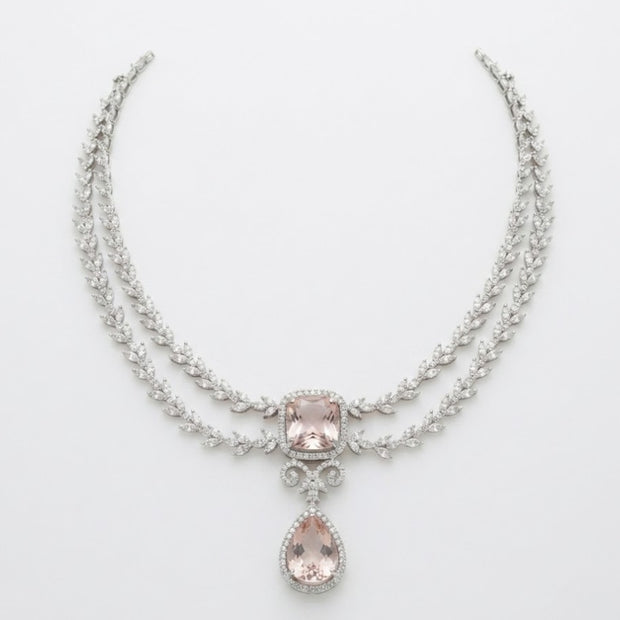 Bhavmayi Royal Diamonds and Blush Pink Cushion Stone Necklace Set with Pink Teardrop & Cushion Stone  Diamond Style Statement Earrings
