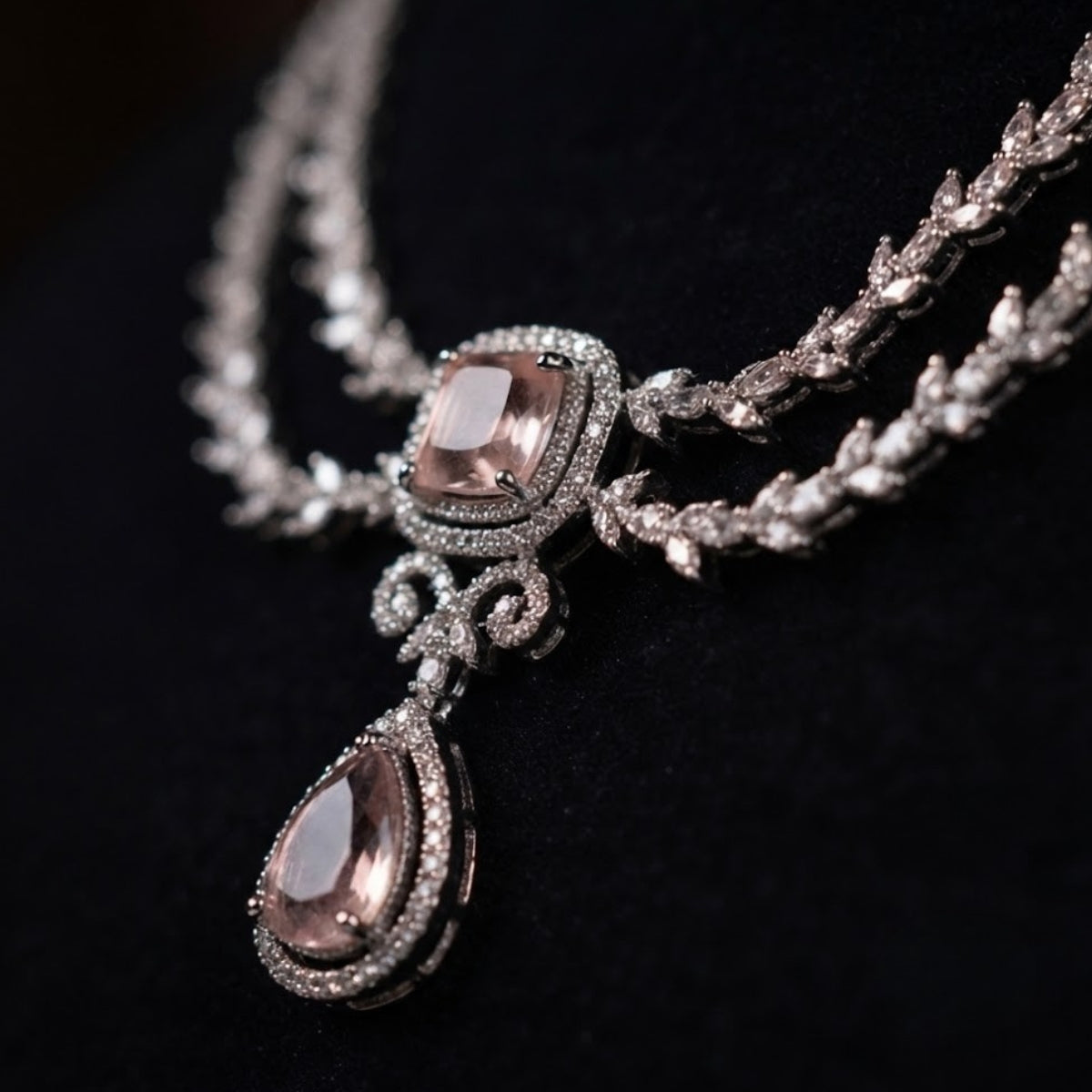 Bhavmayi Royal Diamonds and Blush Pink Cushion Stone Necklace Set with Pink Teardrop & Cushion Stone  Diamond Style Statement Earrings
