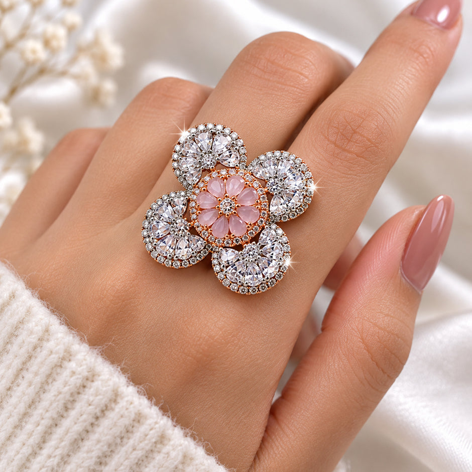 Bhavmayi Silver-Tone Pink Floral Crystal Ring