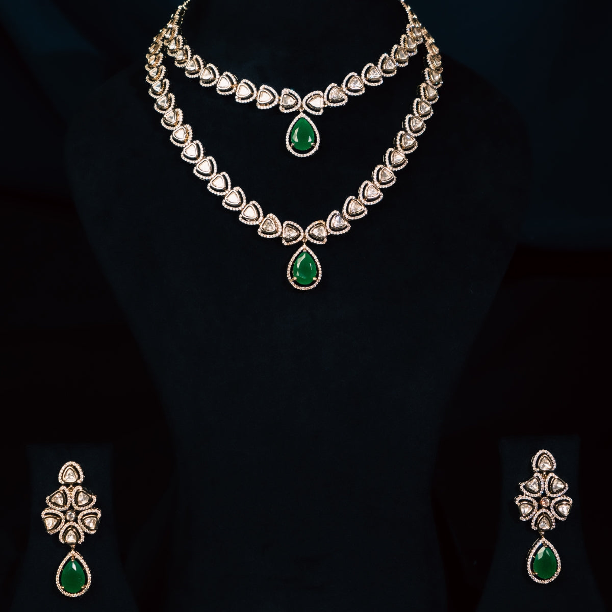 Bhavmayi 14K Regal Emerald Teardrop Polki-Style Statement Necklace Set