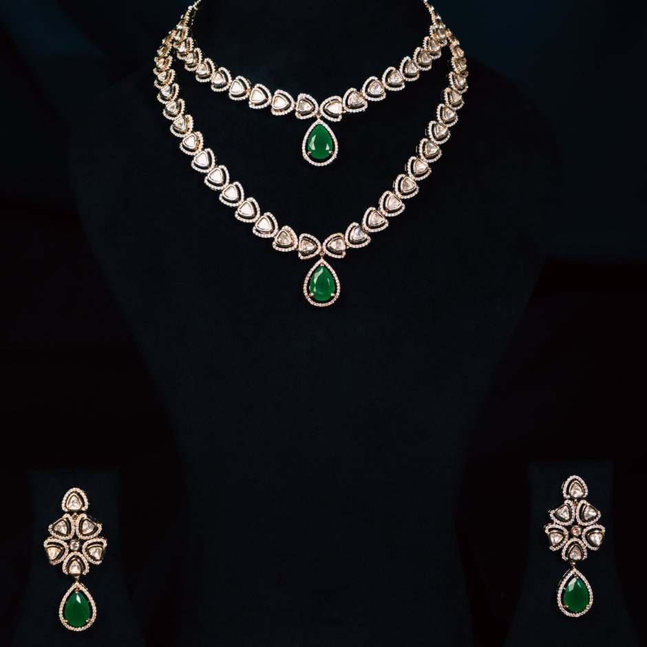 Bhavmayi 14K Regal Emerald Teardrop Polki-Style Statement Necklace Set