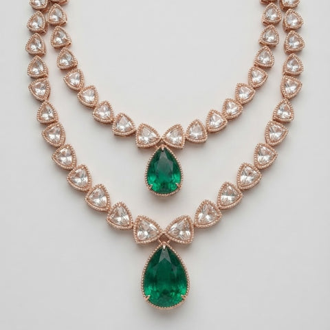 Bhavmayi 14K Regal Emerald Teardrop Polki-Style Statement Necklace Set