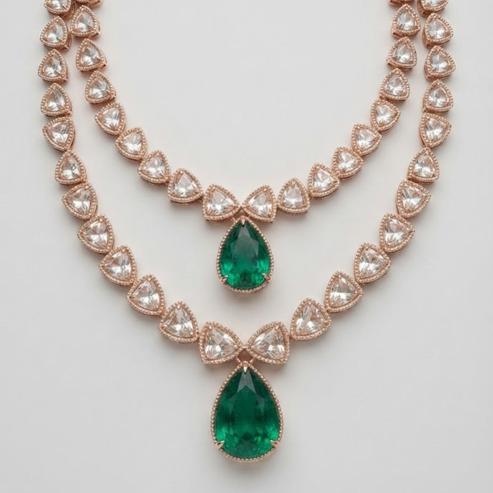 Bhavmayi 14K Regal Emerald Teardrop Polki-Style Statement Necklace Set