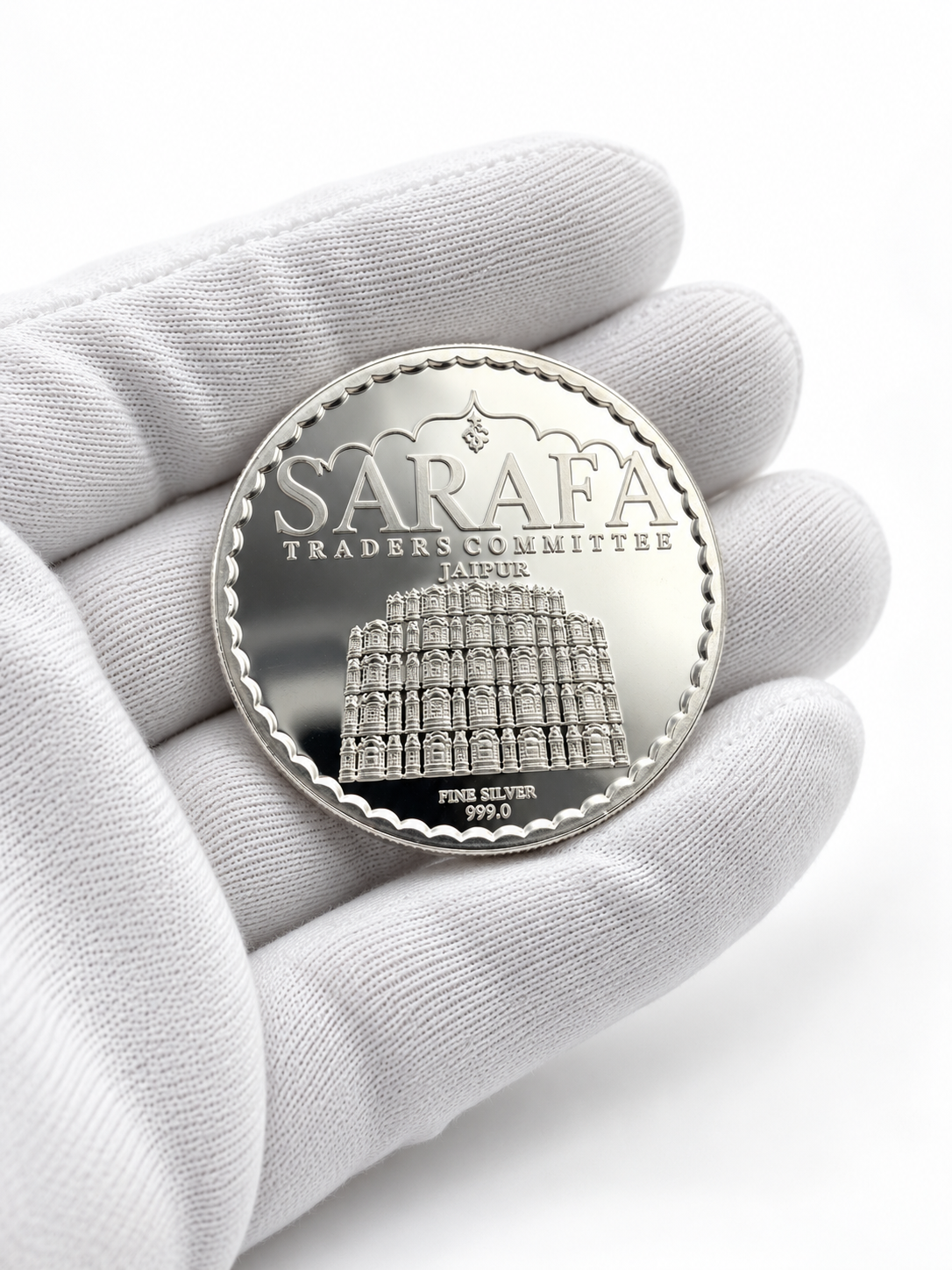 999 fine silver coin featuring Jaipur Hawa Mahal architecture and Hindu deity designs by Bhavmayi