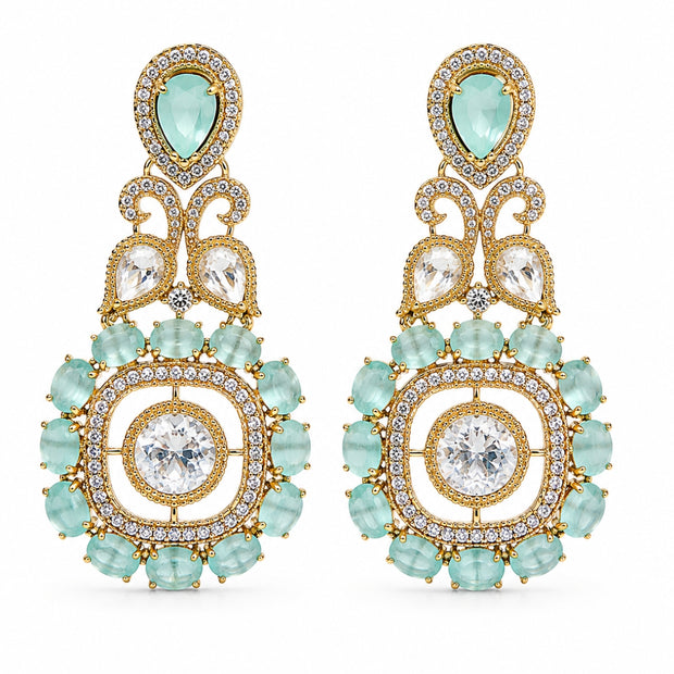 Bhavmayi Gold Plated Mint Green Quartz & Clear Crystal Kundan Medallion Chandelier Earrings