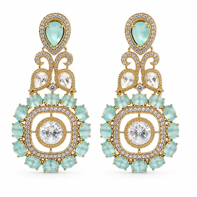 Bhavmayi Gold Plated Mint Green Quartz & Clear Crystal Kundan Medallion Chandelier Earrings