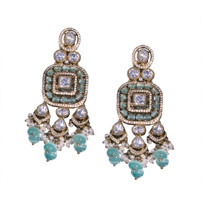 Bhavmayi Antique Gold Mint Green Cats-Eye Gemstone & Uncut Polki Kundan Statement Earrings with Seed Pearl Clusters