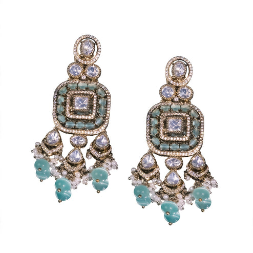 Bhavmayi Antique Gold Mint Green Cats-Eye Gemstone & Uncut Polki Kundan Statement Earrings with Seed Pearl Clusters