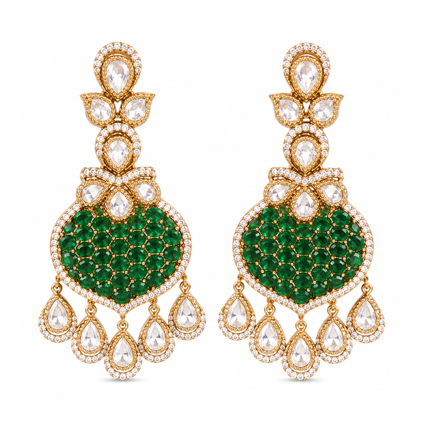 Bhavmayi Gold Plated Emerald Green Pave Shield Chandelier Earrings with Halo-Set Teardrop Dangles