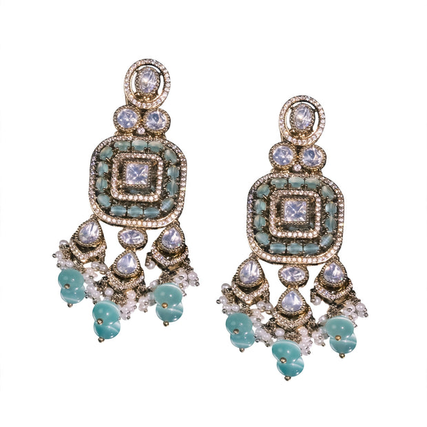 Bhavmayi Antique Gold Mint Green Cats-Eye Gemstone & Uncut Polki Kundan Statement Earrings with Seed Pearl Clusters