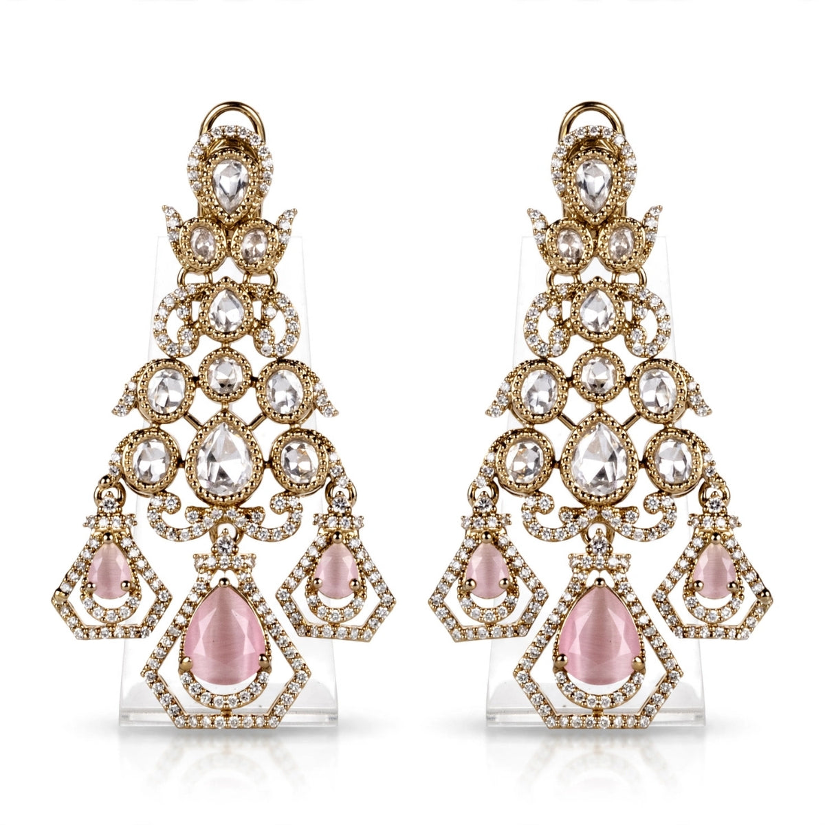 Bhavmayi Gold-Plated Blush Pink Rose Quartz Gemstone & Uncut Polki Kundan Tiered Chandelier Earrings