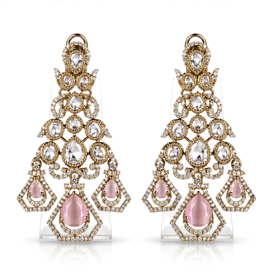 Bhavmayi Gold-Plated Blush Pink Rose Quartz Gemstone & Uncut Polki Kundan Tiered Chandelier Earrings