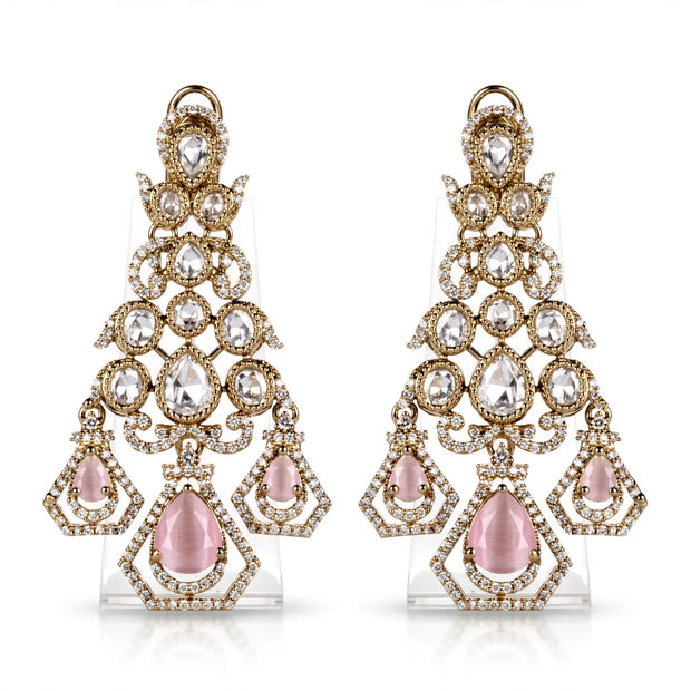 Bhavmayi Gold-Plated Blush Pink Rose Quartz Gemstone & Uncut Polki Kundan Tiered Chandelier Earrings