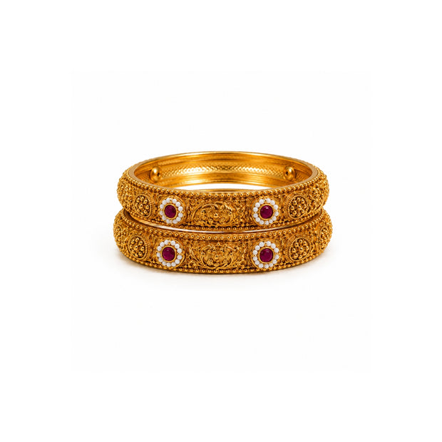 Bhavmayi Gold Plated Antique Temple Granulation Bangles Pair with Ruby Red Cabochons and Pearl Halos