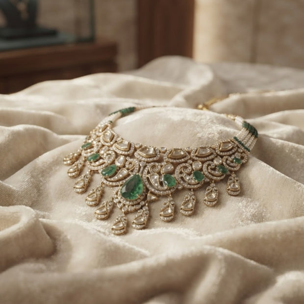 Bhavmayi Heritage Antique Gold Choker Necklace with Pear Cut Emeralds & Uncut Polki Kundan Drops Accent with Pearl Strands