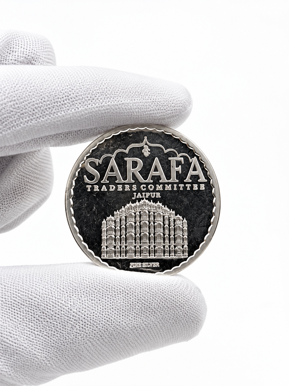 999 fine silver coin featuring Jaipur Hawa Mahal architecture and Hindu deity designs by Bhavmayi