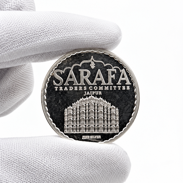 999 fine silver coin featuring Jaipur Hawa Mahal architecture and Hindu deity designs by Bhavmayi