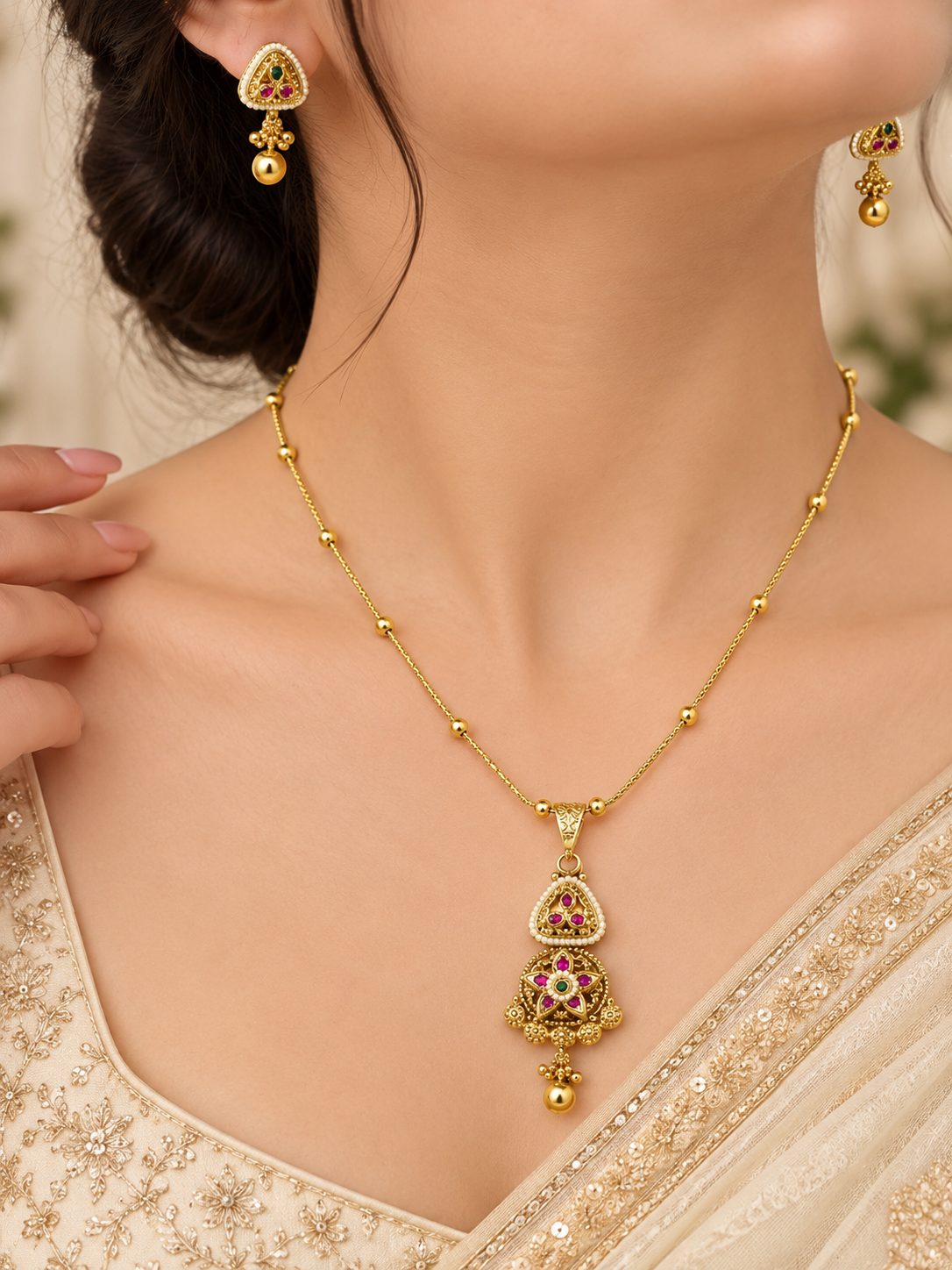 Gold-tone temple necklace set displayed on a white jewellery bust, featuring a decorative pendant with green and magenta accents, a beaded chain, and matching triangular drop earrings.