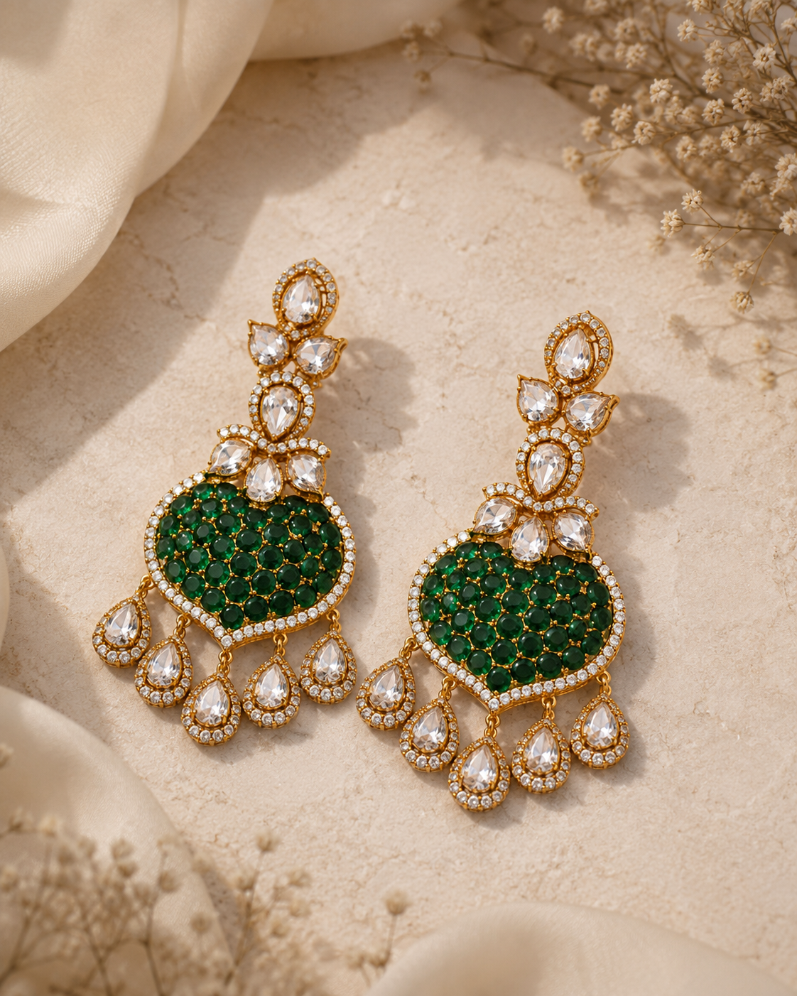 Bhavmayi Gold Plated Emerald Green Pave Shield Chandelier Earrings with Halo-Set Teardrop Dangles