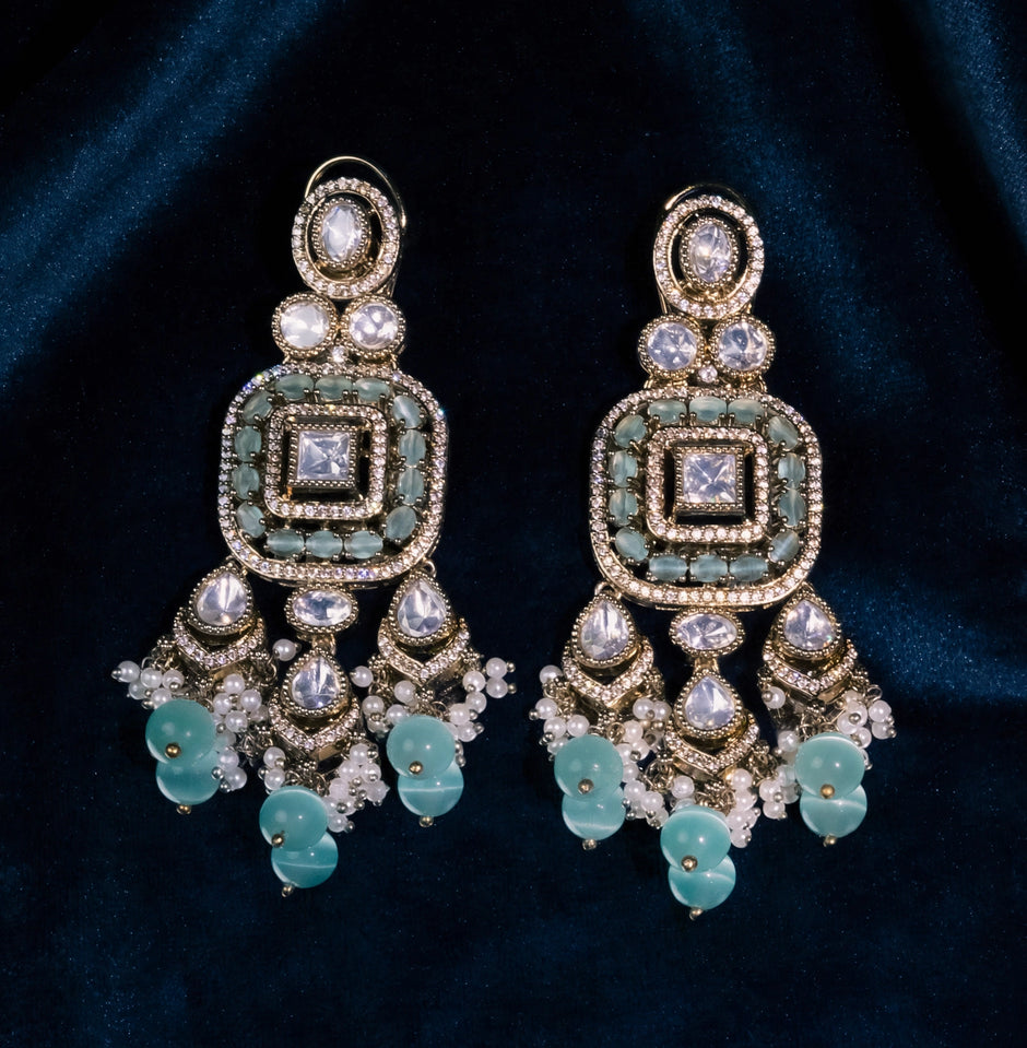 Bhavmayi Antique Gold Mint Green Cats-Eye Gemstone & Uncut Polki Kundan Statement Earrings with Seed Pearl Clusters