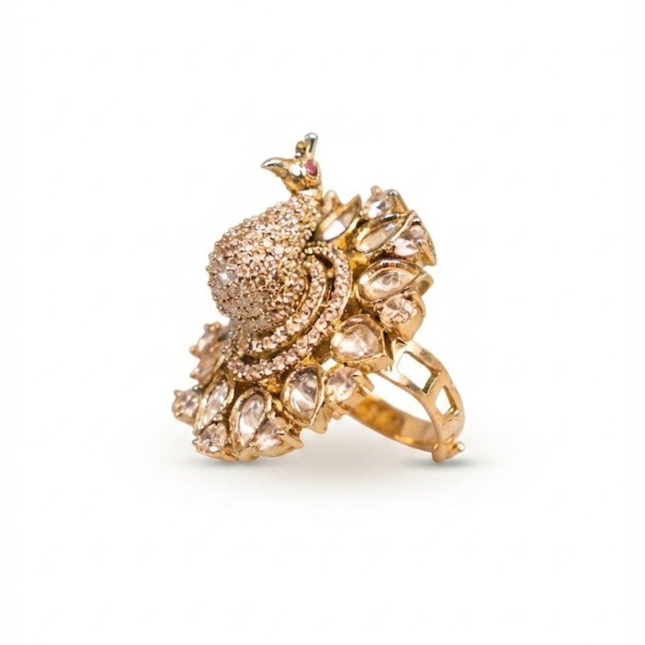 Bhavmayi Gold Plated Uncut Polki Kundan Feather Fan with 3D Pave Crystal Peacock Statement Ring