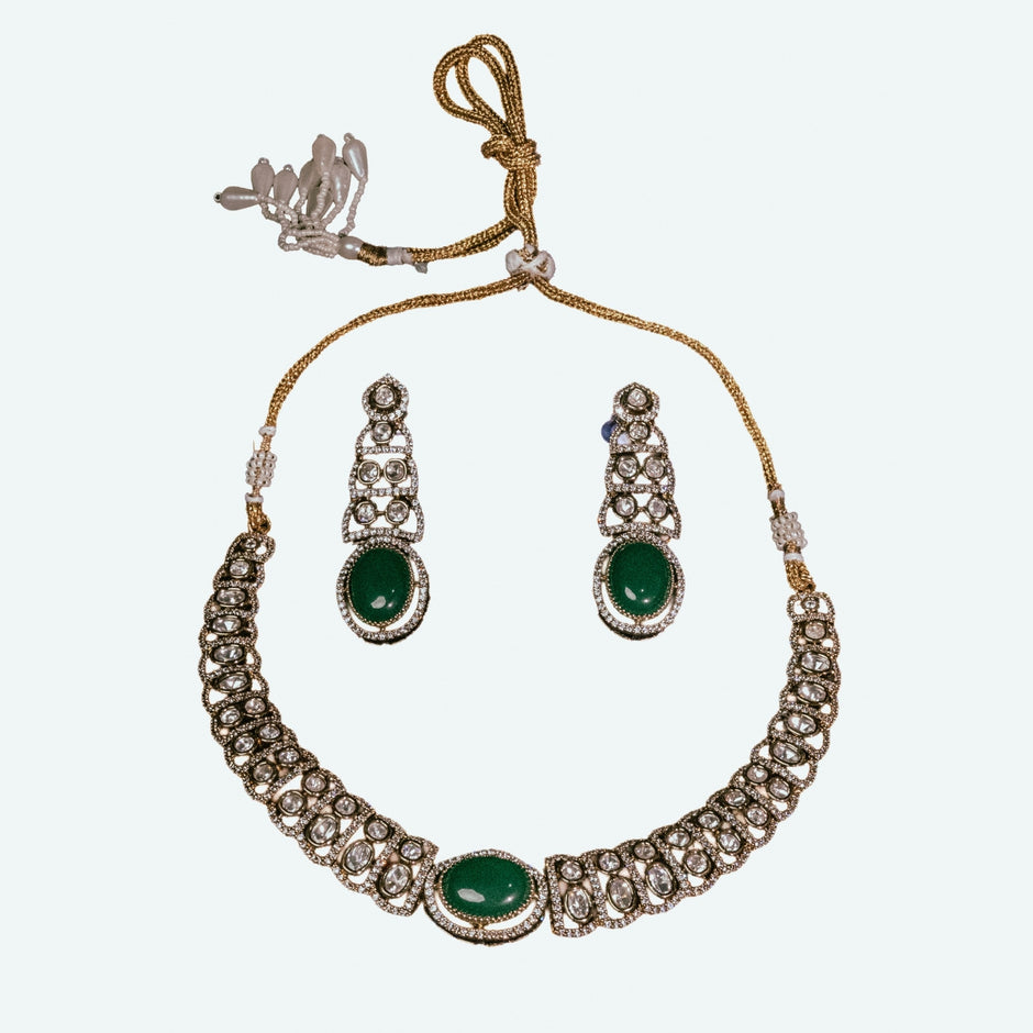 Bhavmayi Royal Emerald & Polki Style Heritage Necklace Set