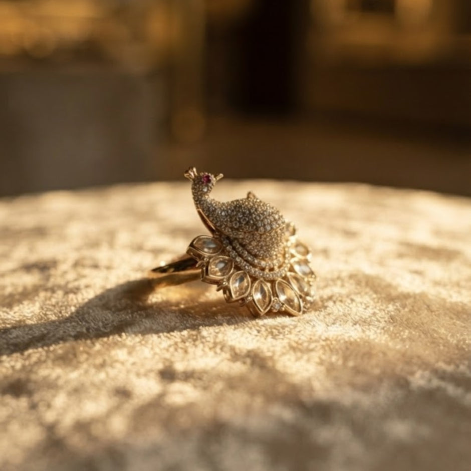 Bhavmayi Gold Plated Uncut Polki Kundan Feather Fan with 3D Pave Crystal Peacock Statement Ring