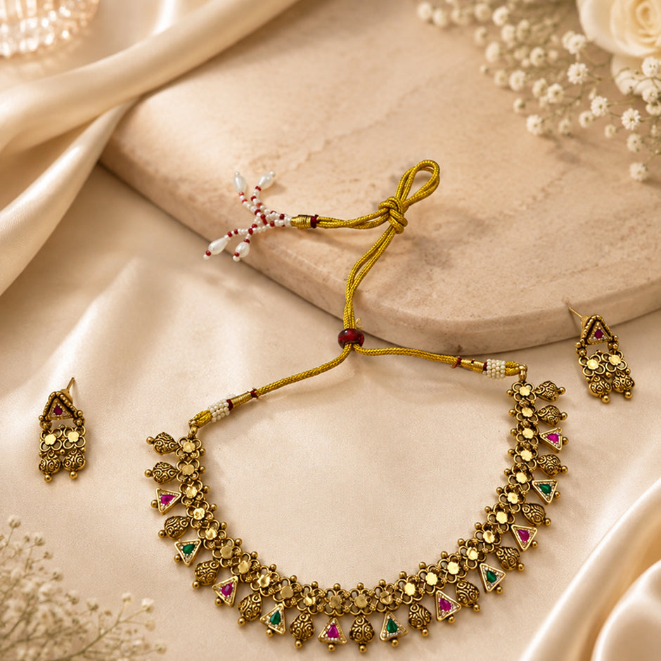 Bhavmayi Antique Floral Ruby Emerald Necklace Set