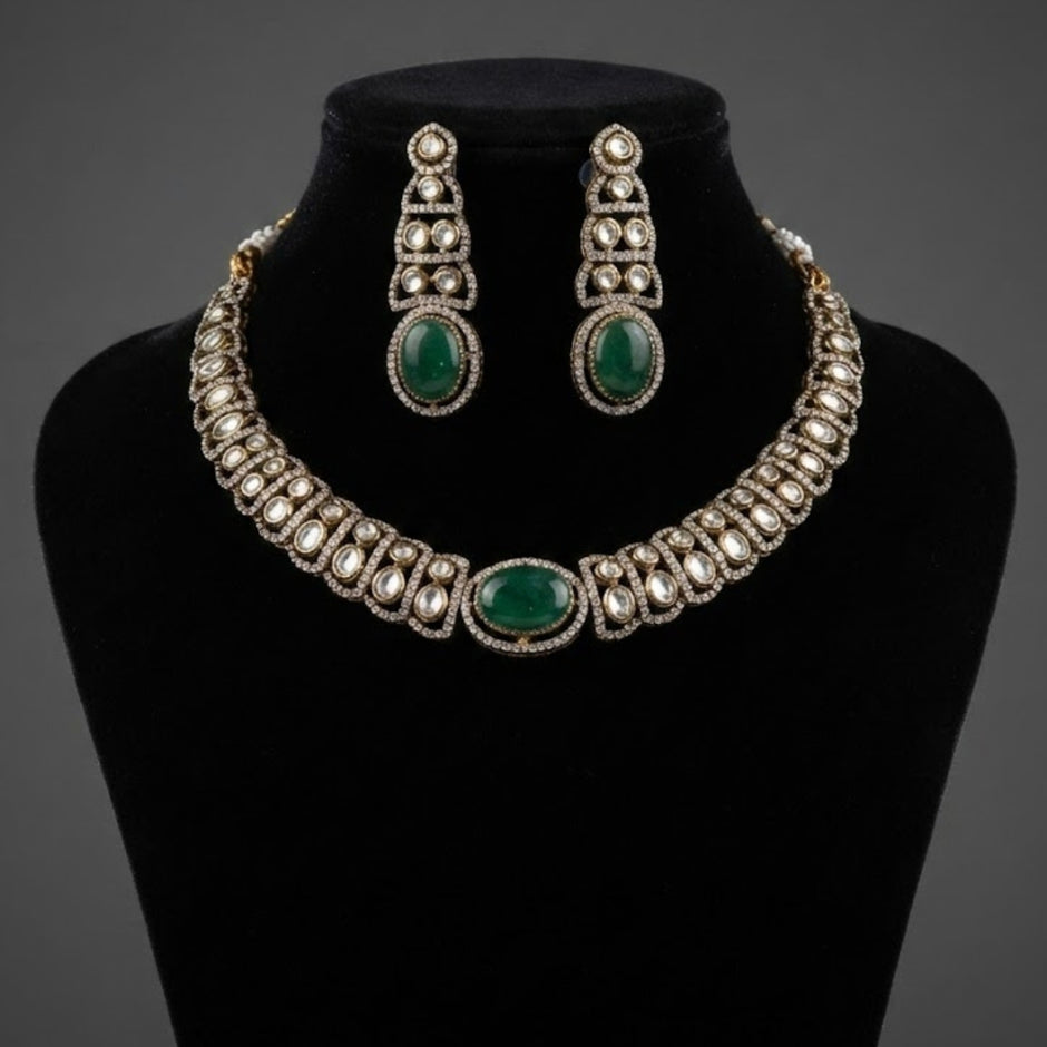 Bhavmayi Royal Emerald & Polki Style Heritage Necklace Set