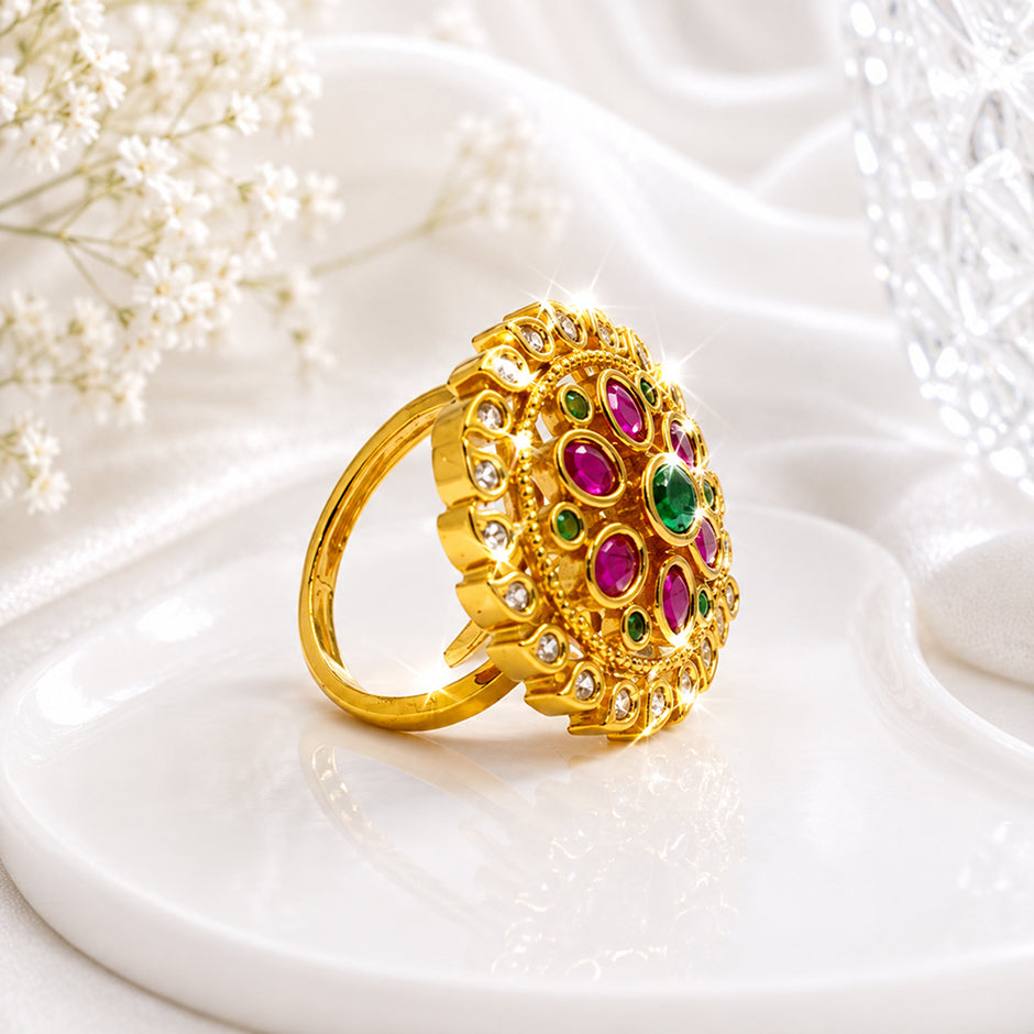 Bhavmayi Gold-Plated Multicolor Kundan Statement Ring