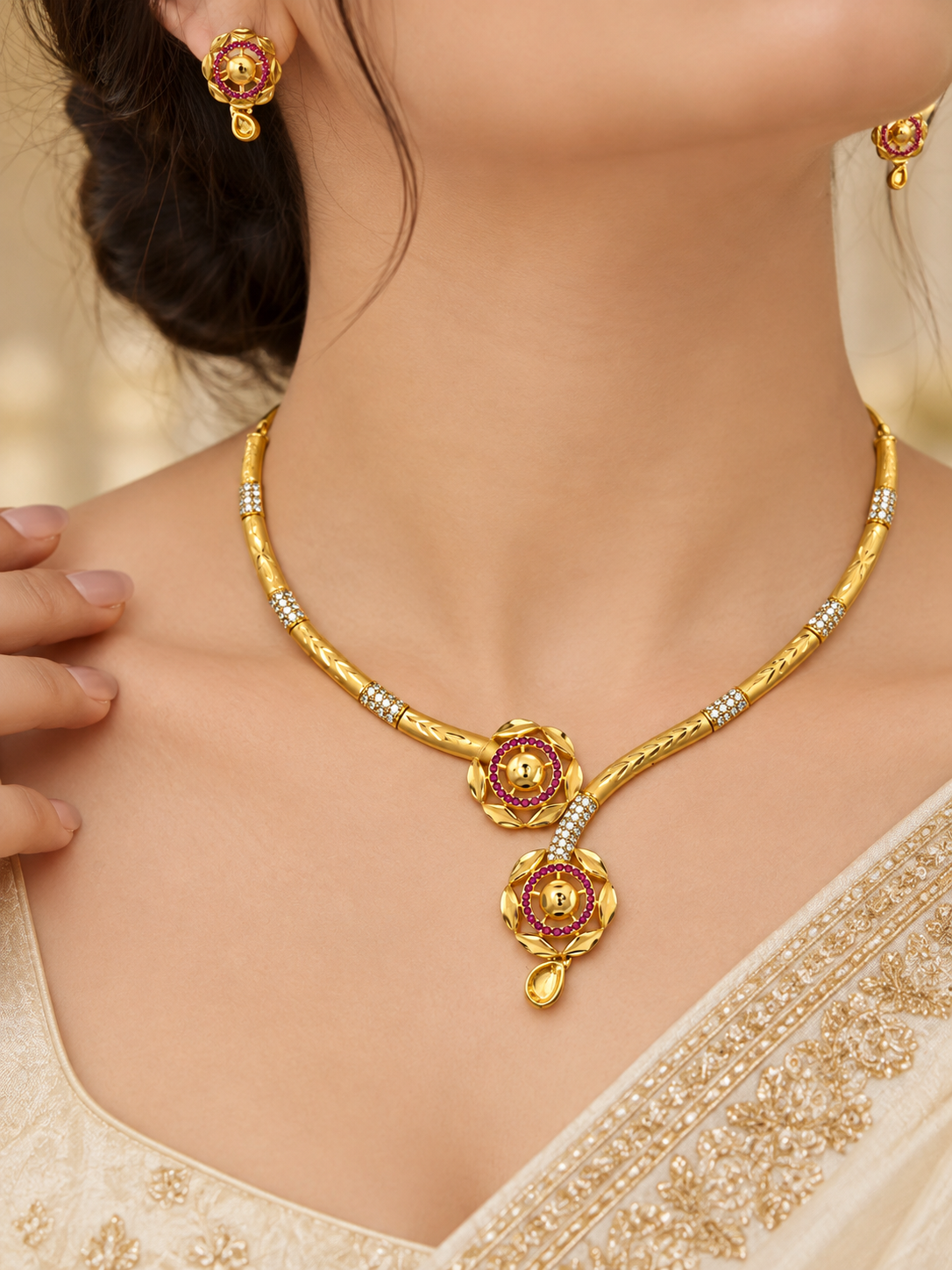 Gold-tone necklace set with purple circular stone motifs, clear stone detailing and matching dangling earrings on a white background.
