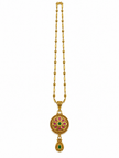 Gold-tone floral pendant necklace set displayed on white jewellery stands, featuring green and magenta-pink accents, a beaded chain, and matching earrings with green teardrop-shaped drops.