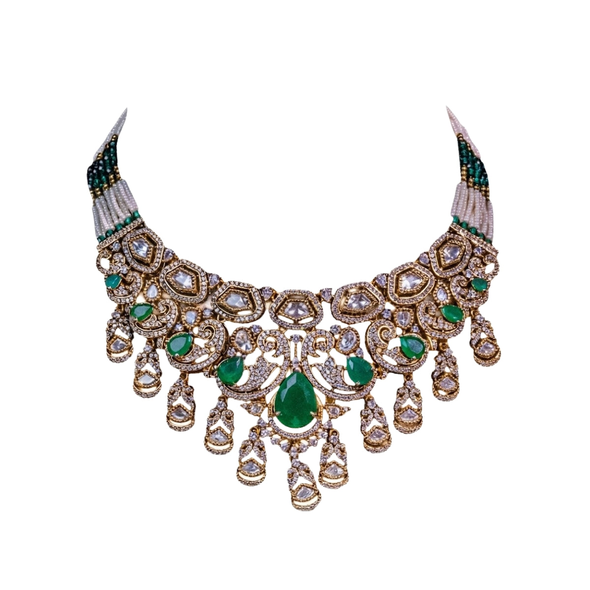 Bhavmayi Heritage Antique Gold Choker Necklace with Pear Cut Emeralds & Uncut Polki Kundan Drops Accent with Pearl Strands