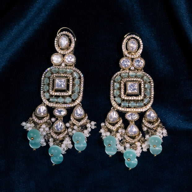 Bhavmayi Antique Gold Mint Green Cats-Eye Gemstone & Uncut Polki Kundan Statement Earrings with Seed Pearl Clusters