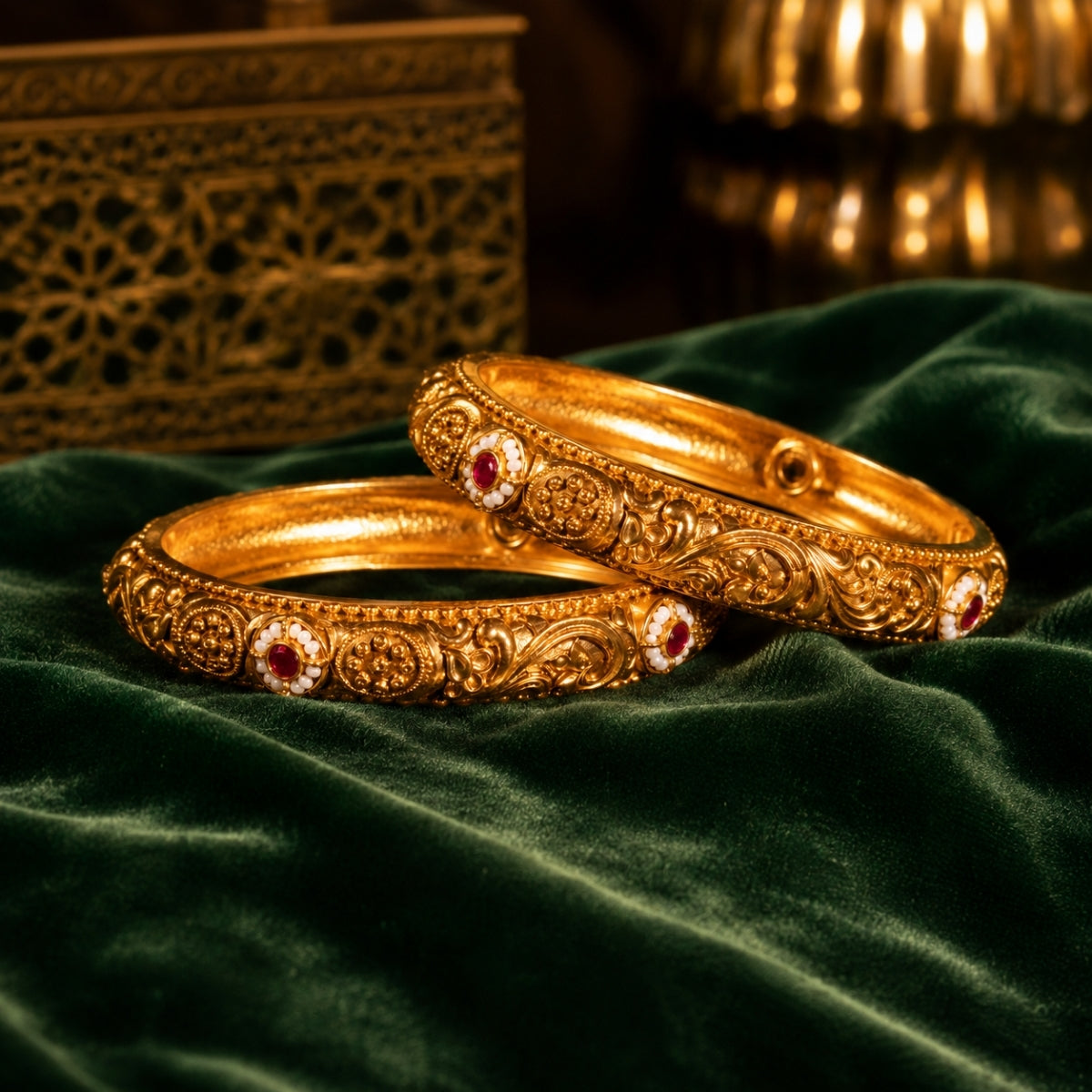 Bhavmayi Gold Plated Antique Temple Granulation Bangles Pair with Ruby Red Cabochons and Pearl Halos