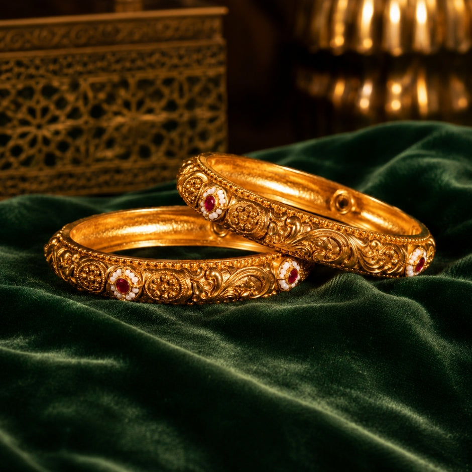 Bhavmayi Gold Plated Antique Temple Granulation Bangles Pair with Ruby Red Cabochons and Pearl Halos