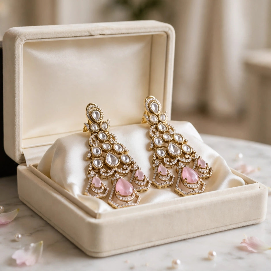 Bhavmayi Gold-Plated Blush Pink Rose Quartz Gemstone & Uncut Polki Kundan Tiered Chandelier Earrings