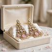 Bhavmayi Gold-Plated Blush Pink Rose Quartz Gemstone & Uncut Polki Kundan Tiered Chandelier Earrings