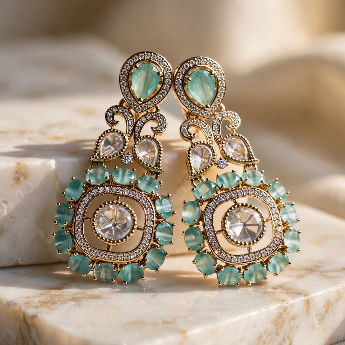 Bhavmayi Gold Plated Mint Green Quartz & Clear Crystal Kundan Medallion Chandelier Earrings