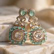 Bhavmayi Gold Plated Mint Green Quartz & Clear Crystal Kundan Medallion Chandelier Earrings