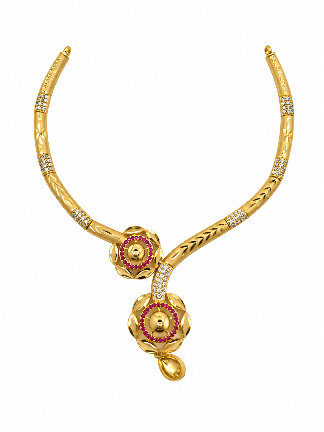 Gold-tone necklace set with purple circular stone motifs, clear stone detailing and matching dangling earrings on a white background.