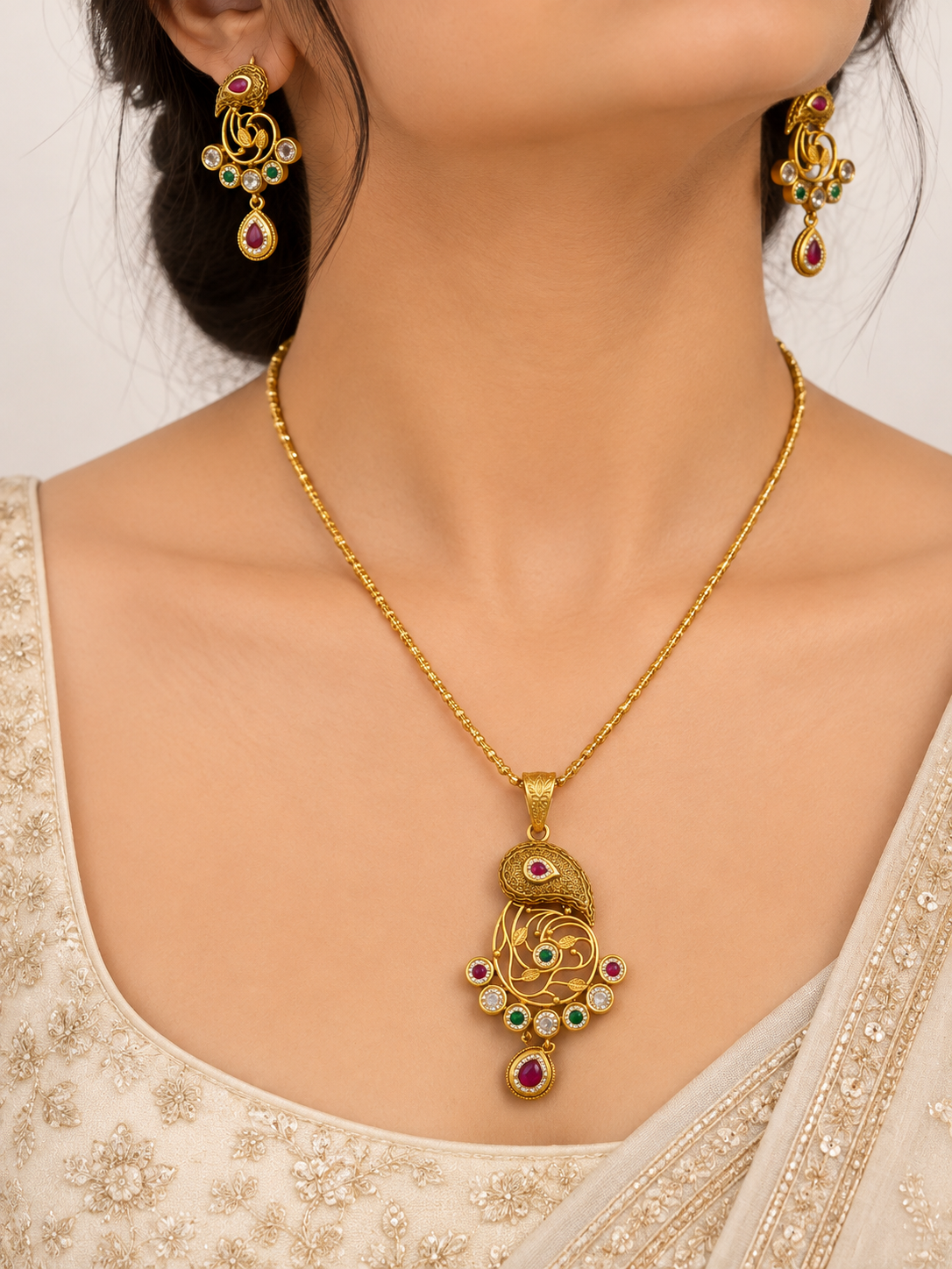 Gold-tone ornamental pendant and matching drop earrings displayed on a cream background, featuring intricate golden patterns, magenta-pink accents, green teardrop-shaped drops, and white decorative details.