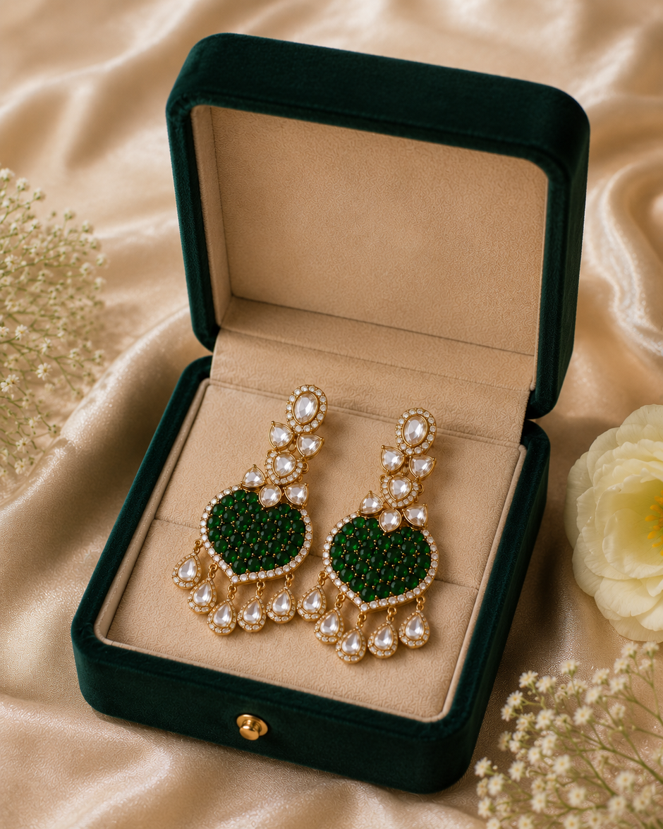 Bhavmayi Gold Plated Emerald Green Pave Shield Chandelier Earrings with Halo-Set Teardrop Dangles