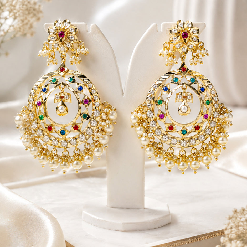 Bhavmayi Gold-Plated Multicolor Kundan Pearl Jhumka Earrings