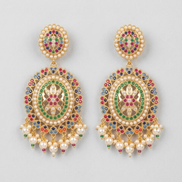 Bhavmayi Royal Multi-Color Navratna-Inspired Chandbali Drop Earrings with Pearl Fringe