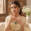 Bhavmayi Gold-Plated Green Emerald Pendant & Earrings Set