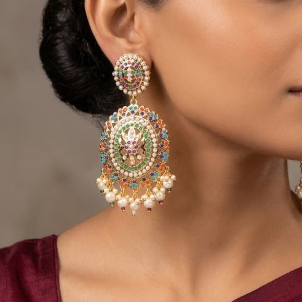 Bhavmayi Royal Multi-Color Navratna-Inspired Chandbali Drop Earrings with Pearl Fringe