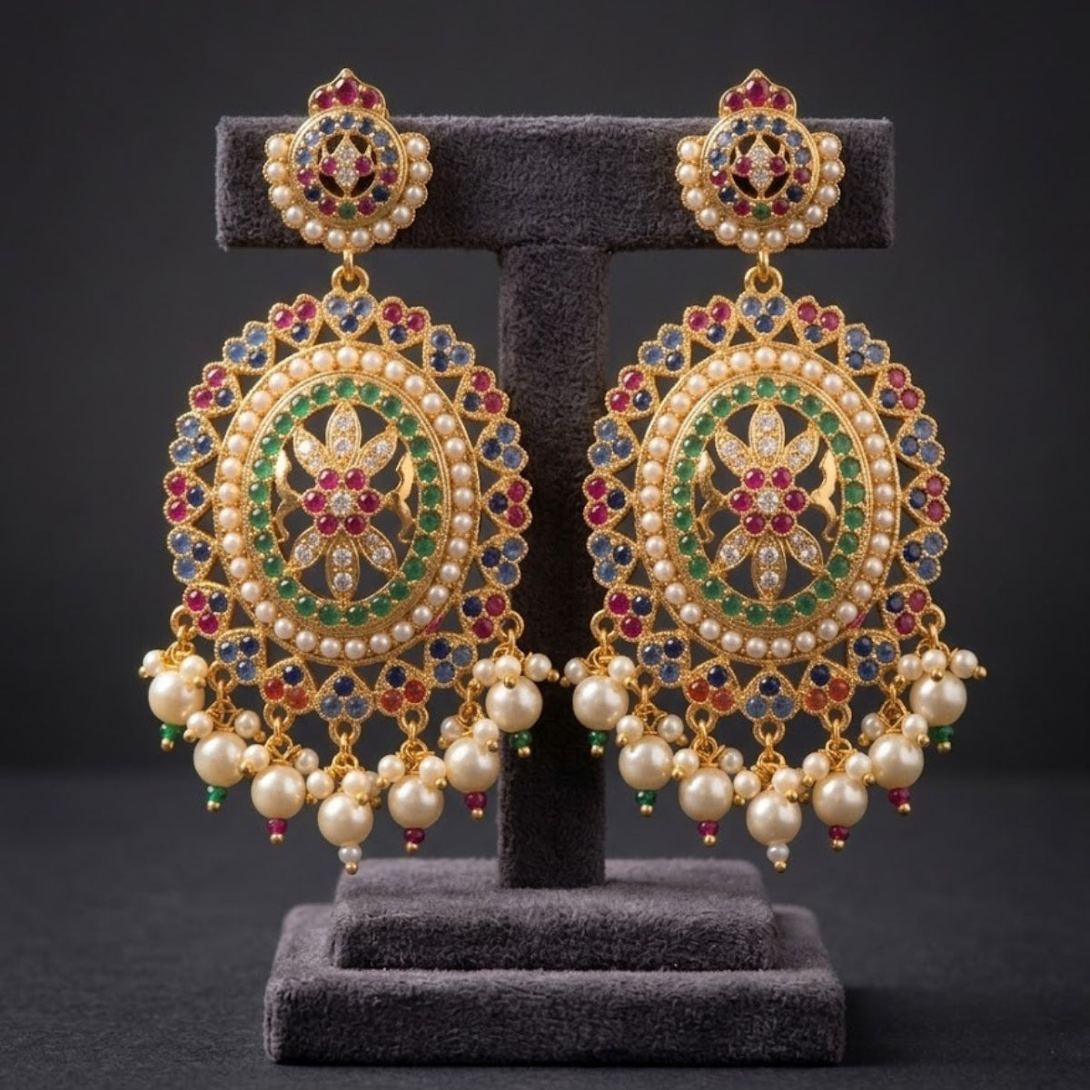 Bhavmayi Royal Multi-Color Navratna-Inspired Chandbali Drop Earrings with Pearl Fringe